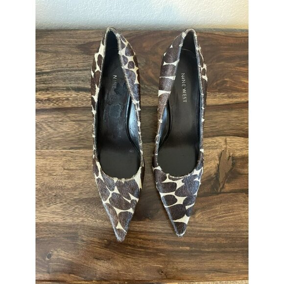 Nine West Womens 3.5" Heels 8M Barbe Giraffe Print Real Hair Leather pointed toe - Picture 2 of 6
